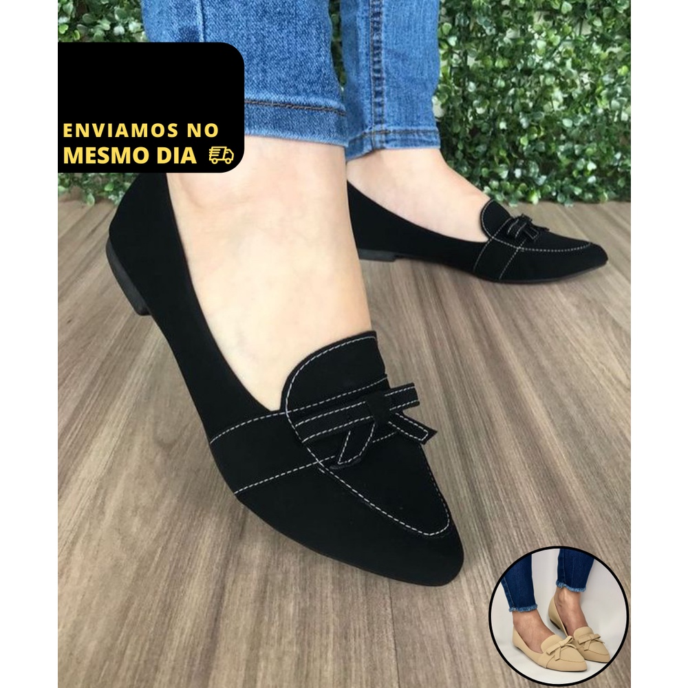 Sapatilha Feminina Bico Fino Mocassim Rasteira Rasteirinha Sandália Social Confortável Preto Casual Moda