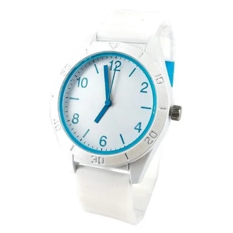 Relógio Moderno Pulseira Branco Com Azul de Borracha Analógico Unissex com caixa Amor  Lindo
