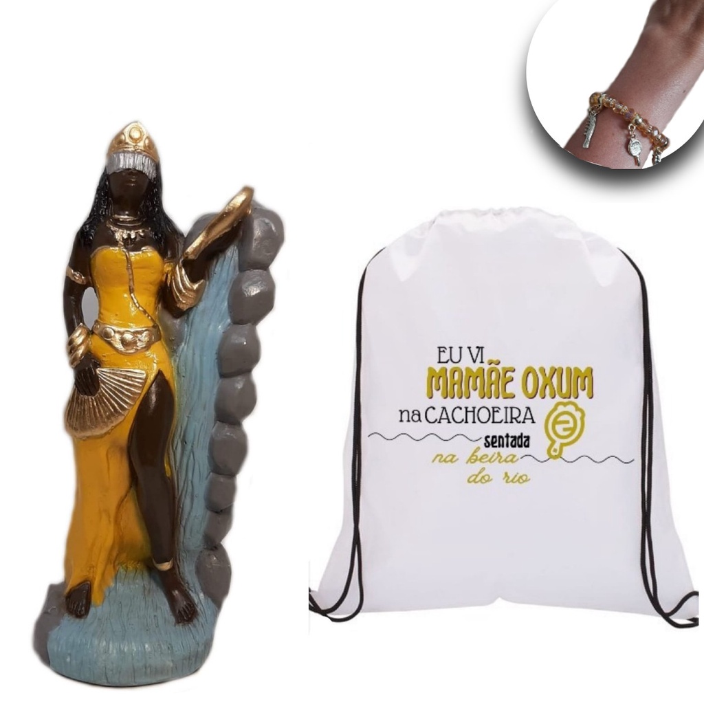 Kit Oxum orixá umbanda candomblé estátua mochila pulseira acessorio presente