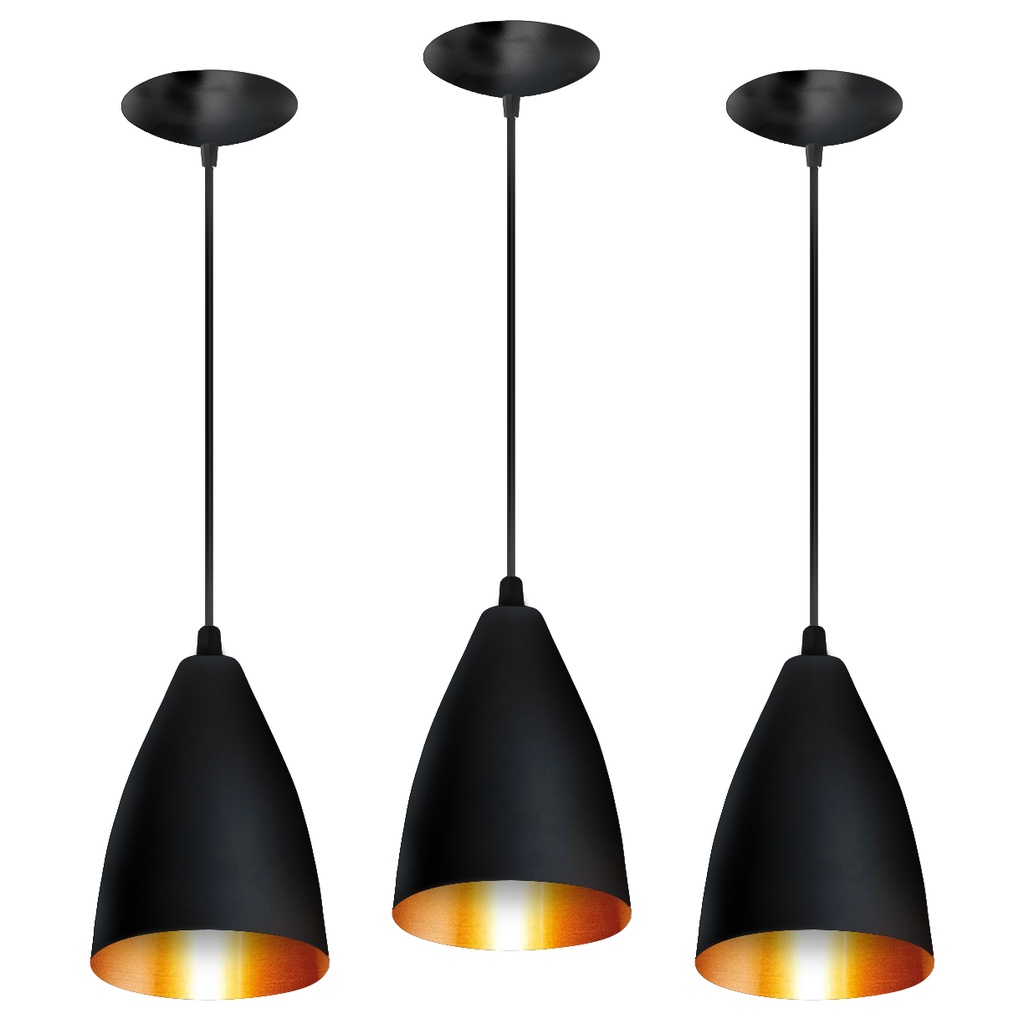 kit 3 luminarias pendente estilo bala preto fosco/cobre
