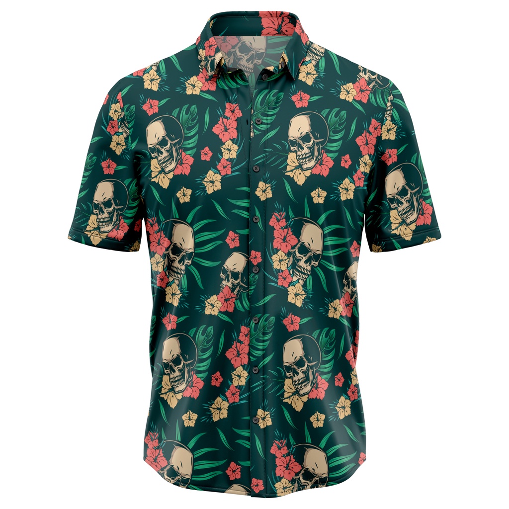 Camisa De Botão Camisa Floral Caveira Skull Verão Moda Masculina Homem [Ref-513]