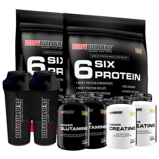 Kit 2x Whey Protein 6 Six 900g + 2x Glutamina 100g + 2x Creatina 100g,+ 2x Coqueteleira - Bodybuilders