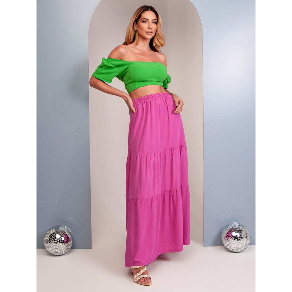 Saia Longa Babado Elastico Na Cintura Com Forro Ref:SA001 | Shopee Brasil