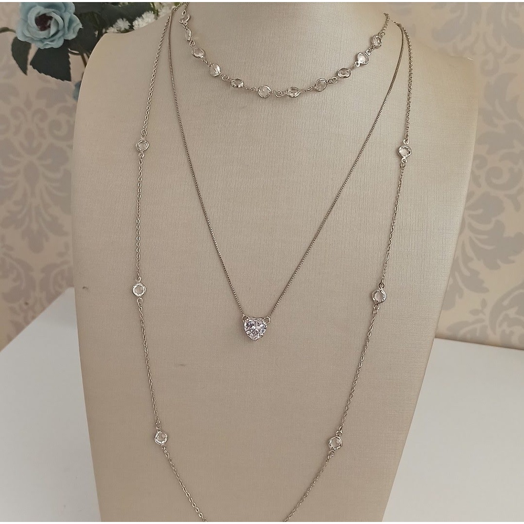 Conjunto 3 Colares Feminino Bolinha Cristal Banho de Prata Bijuterias ...