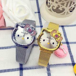 Relógio de quartzo analógico de aço inoxidável infantil feminino Hello Kitty/relógio de pulso coreano