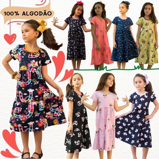 Vestido Infantil e Juvenil com Manga de Malha Algodão Diversas Cores e Estampas - Tamanho 02 ao 12