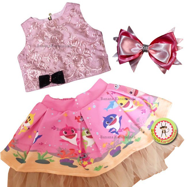 Conjunto Infantil Menina Fundo do Mar Cropped Blusa e Saia Infantil Menina - Laço