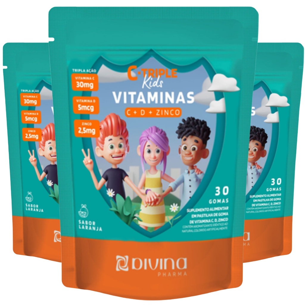 KIT 3 C-TRIPLE KIDS VITAMINAS C + D + ZINCO IMUNIDADE TOTAL 90 GOMAS SABOR LARANJA – DIVINA PHARMA