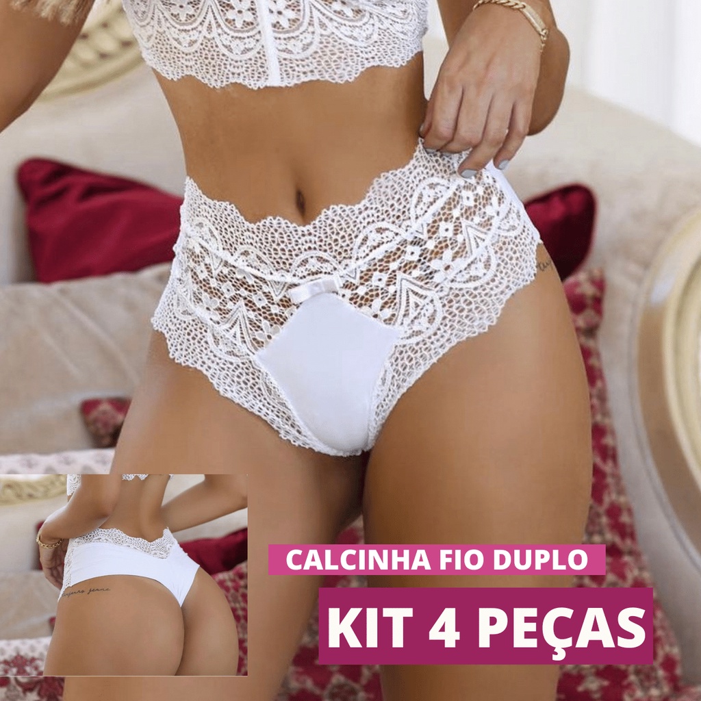 Kit 4 Calcinhas Lingerie Fio Dental Duplo Tanga Tendência Cós Médio Cintura Alta em microfibra e renda luxo