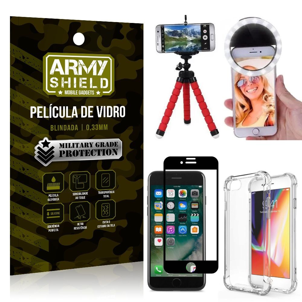 Kit Mini Tripé + Selfie Ring Light iPhone 7 + Capa Anti Impacto + Película Vidro 3D