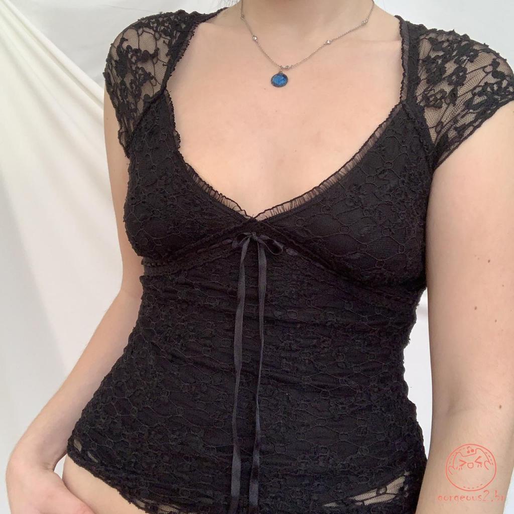 ☽RU♔y2k Woman V Neck Lace Crop Tops em Oferta na Shopee