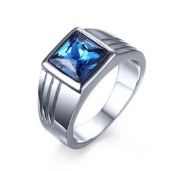 Vnox Anel de Sinete em Aço Inoxidável com Pedra Azul Retangular Elegante Masculino Joia Chamativa