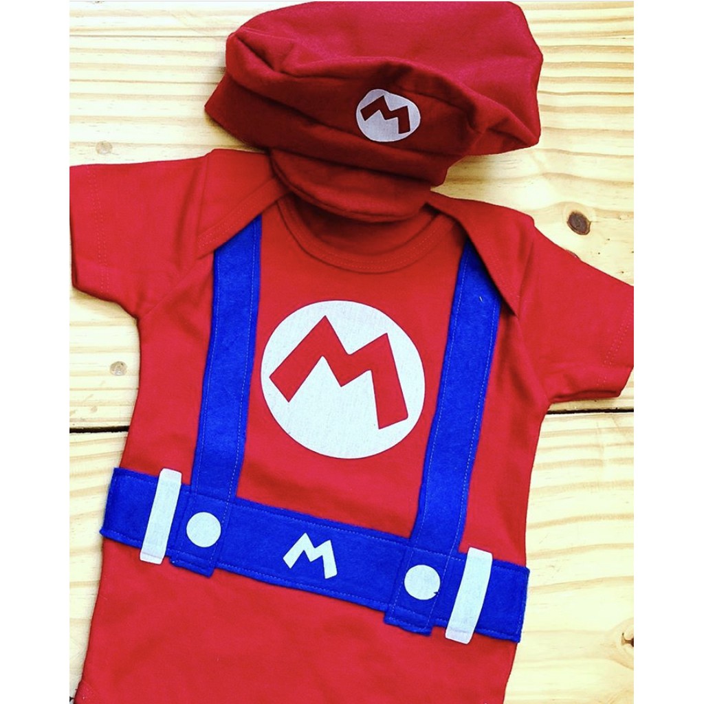 Body Mário Bros Bebê Boina Personalizado Mesversário Fantasia Festa Personagem
