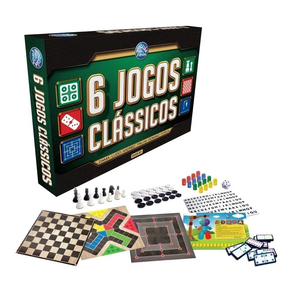 Jogos de Tabuleiro Clássicos: 6 em 1 Dama, Ludo, Xadrez, Trilha, Dominó e Forca - Pais & Filhos
