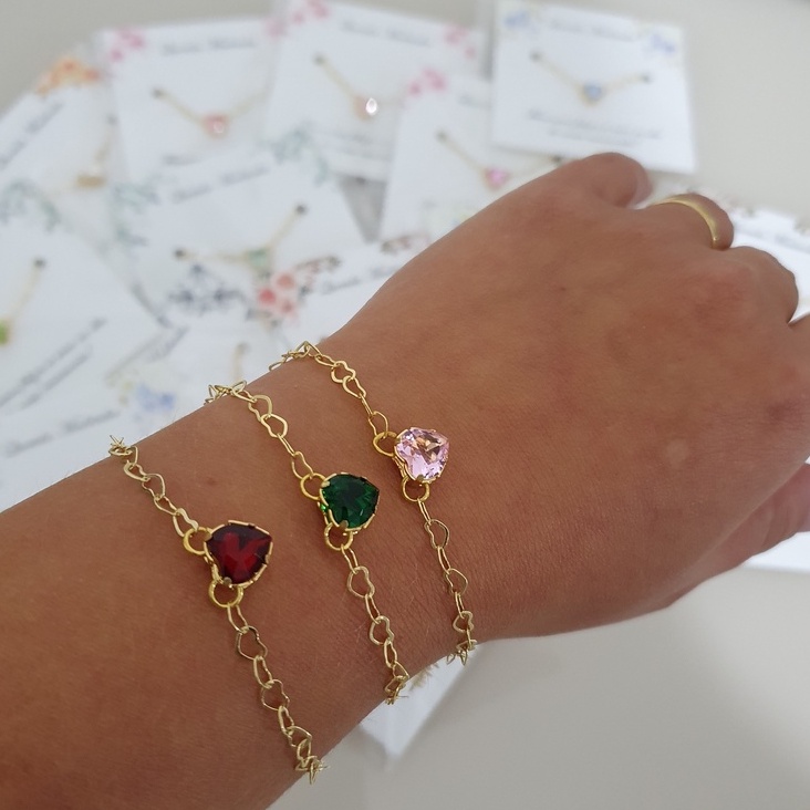 4 a 8 Pulseira Madrinha PRONTA ENTREGA Elo Coração folheada a Ouro Várias Cores de Pedra Escolha