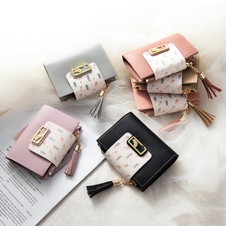 Versão Coreana Da Moda Tassel Women Simple Leather Leaf Printing Zipper Wallet