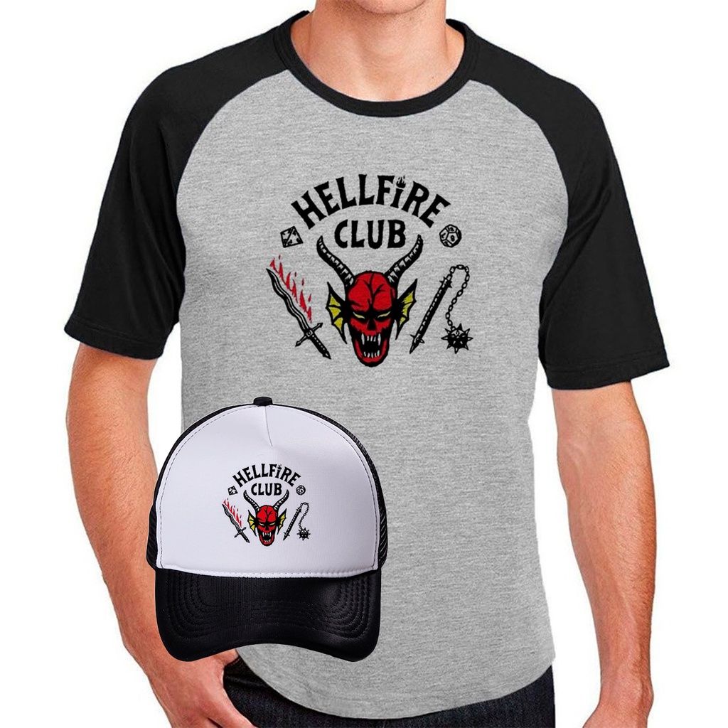 Kit Camiseta e Boné 'Stranger Things' Club Hellfire, Camiseta Raglan Poliéster