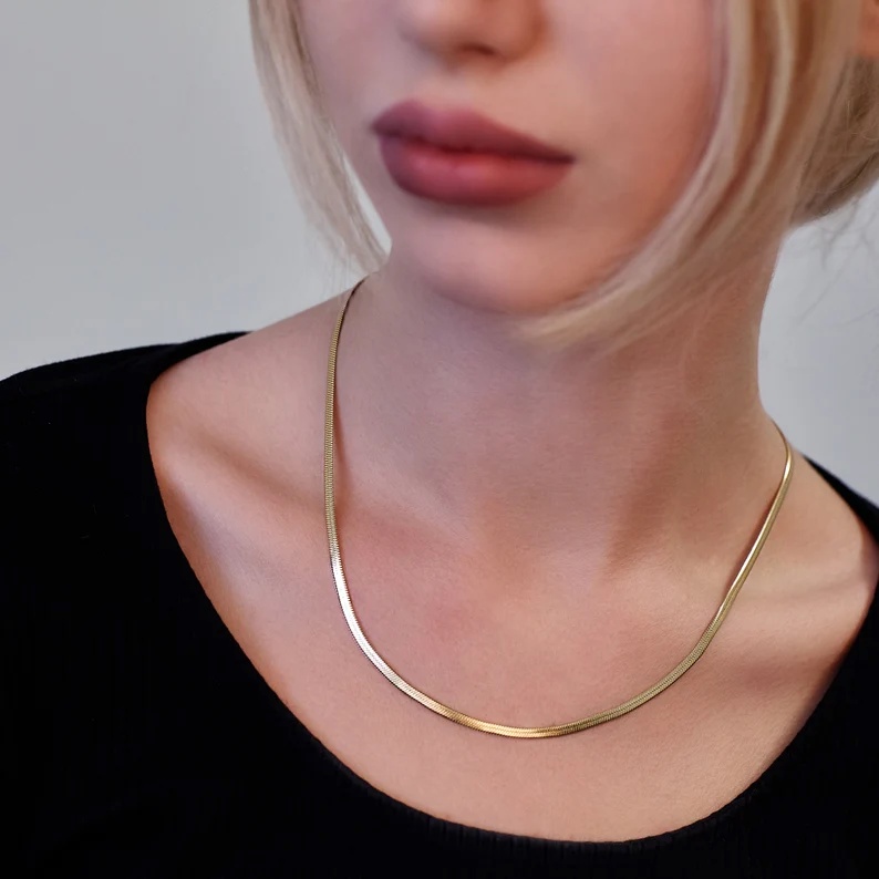 Corrente de espinha de peixe, colar banhado a ouro 18k, corrente de cobra corrente plana de 4 mm, colar de camadas,