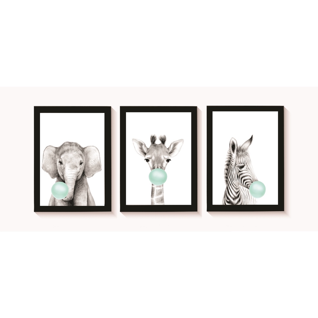 Kit 3 Quadros Decorativos Elefante Girafa Zebra mascando Chiclete Molduras 20x30cm Madeira Vidro Cor PretasPretas