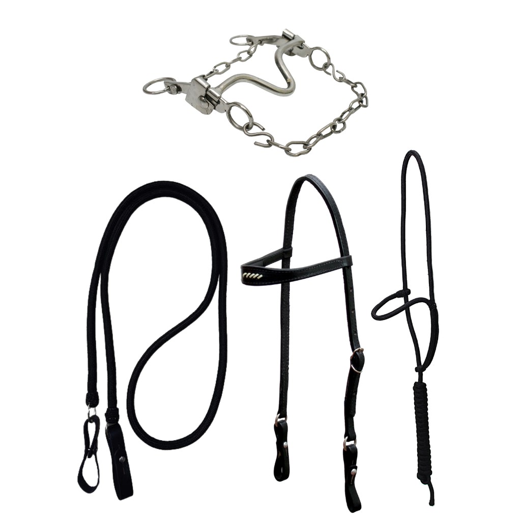 Freio Inox + Cabeça De Couro + Cabresto Regulagem + Redea Para Cavalo Montaria
