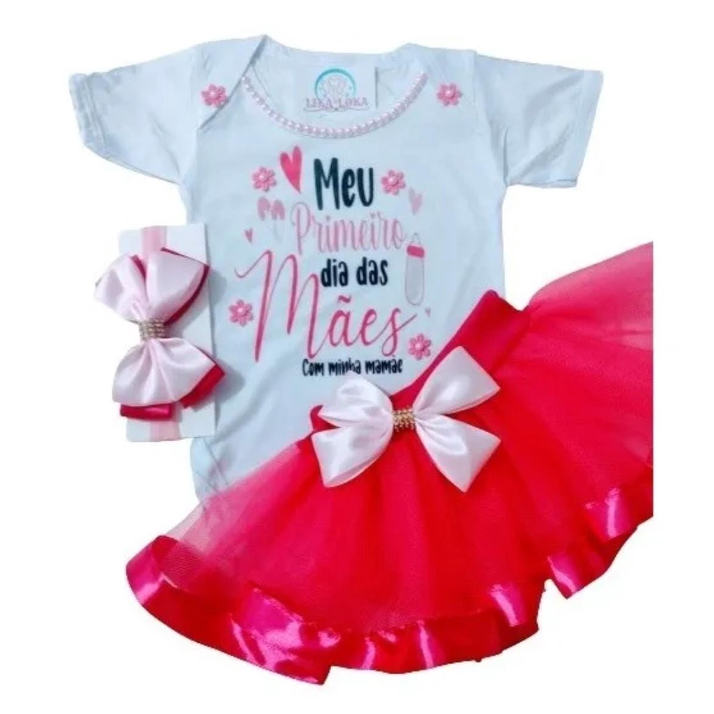 Kit Body Meu Primeiro Dia Das Mães Roupa Bebê Menina Conjunto C/ Saia + Laço