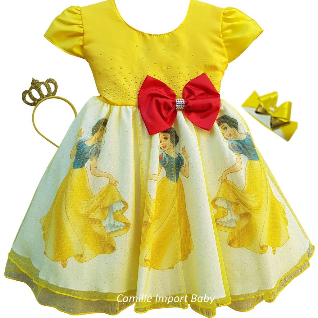Vestido Tematico De Festa Infantil Luxo Branca De Neve Com Tiara de Coroa.