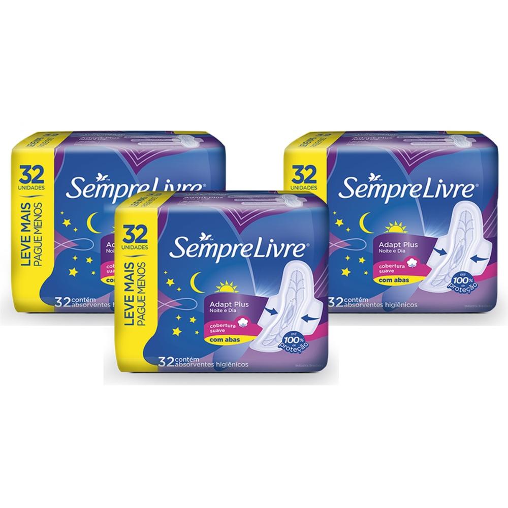 Kit com 3 Absorventes Externo Sempre Livre Adapt Plus Noite e Dia Cobertura Suave com Abas 32 Unidades em Oferta na Shopee