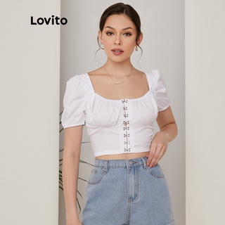 Lovito Blusa Cropped de Jogo da Lula Lisa com Mangas Bufantes L02114 (Preto/Branco)