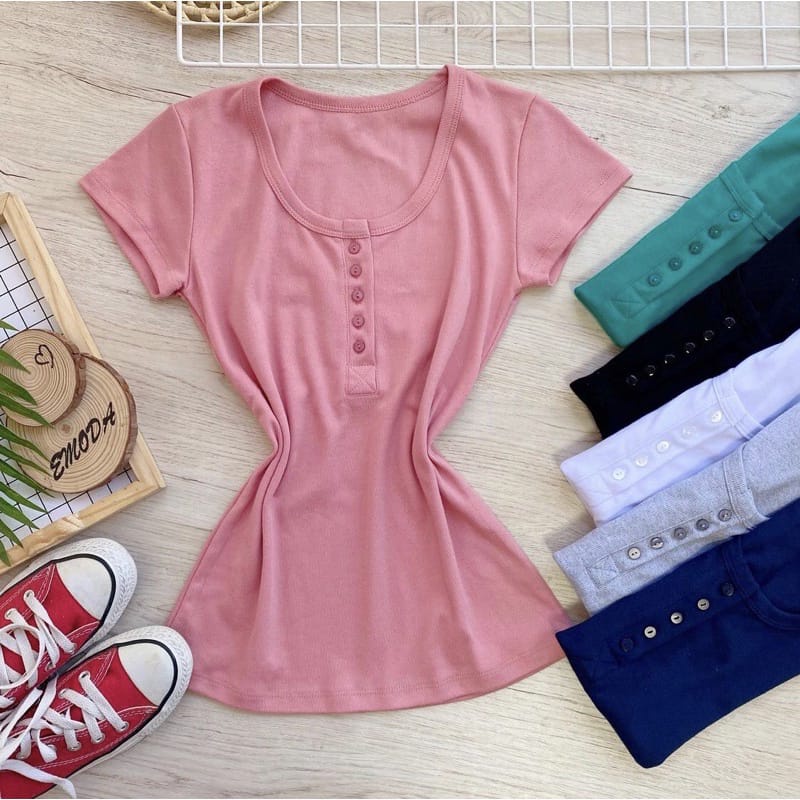 camiseta feminina de botão henley em Oferta na Shopee