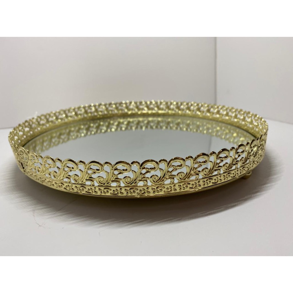 BANDEJA METAL DOURADO ARABESCO ESPELHADA 24X4 CM