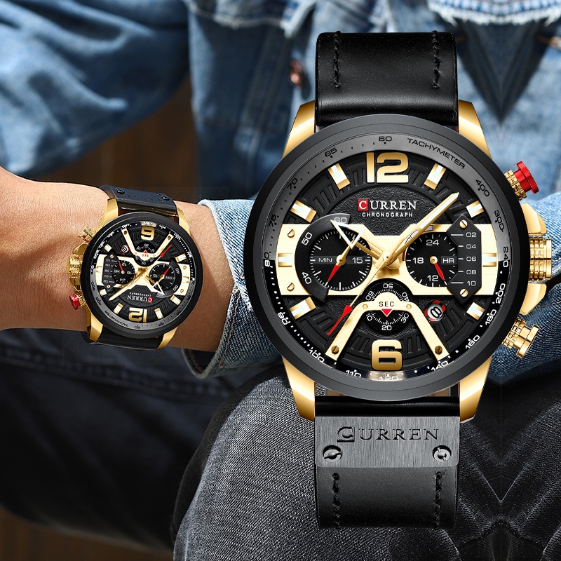 CURREN Mens Watches Top Brand Luxury Sports Fashion Leather Waterproof 8329X em Oferta na Shopee