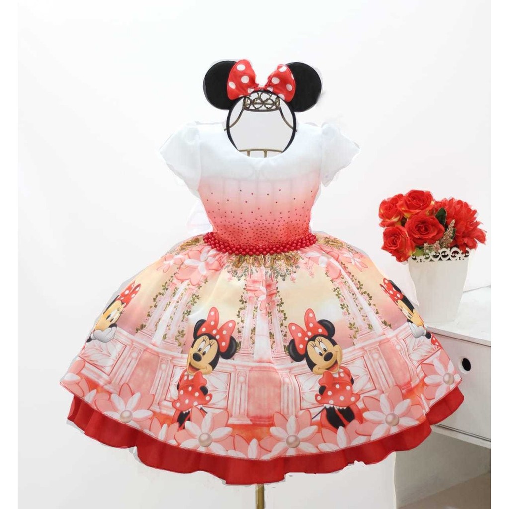 Vestido Infantil Temático Festa Minnie Vermelha Super Luxo Realeza com Tiara de Orelha.