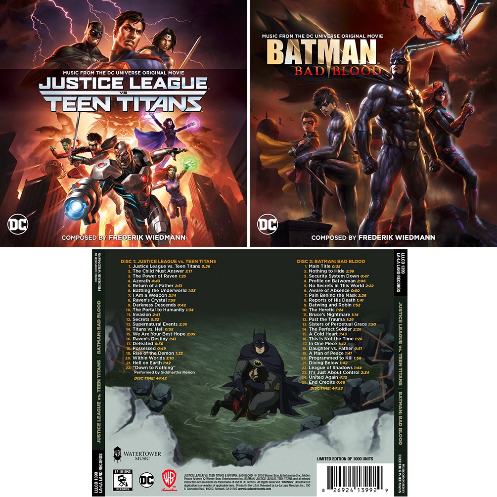 CD duplo americano Justice League vs. Teen Titans / Batman: Bad Blood trilha sonora