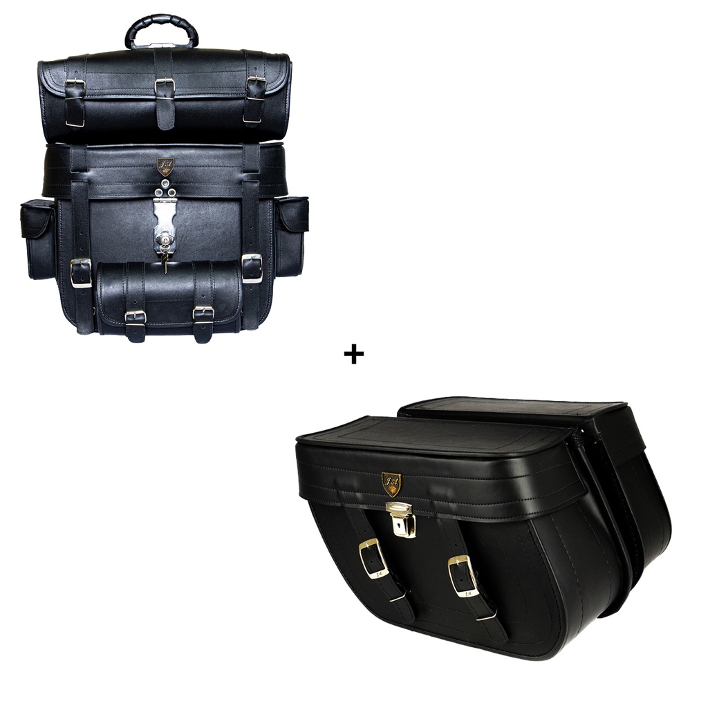Kit  Alforge Traseiro 62 Litros C/   Couro  + Alforge Lateral Losango 32 Li C/ Fechadura  Couro