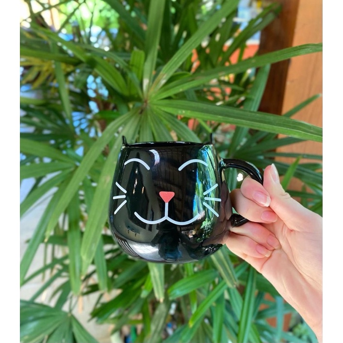 Caneca Gatinho de Porcelana 500ml Preta Xícara Fofa para Café Chá ou Presente Criativo