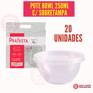 Kit 20 unid Pote Plástico Descartável Redondo Bowl 250ml com Tampa PRAFESTA