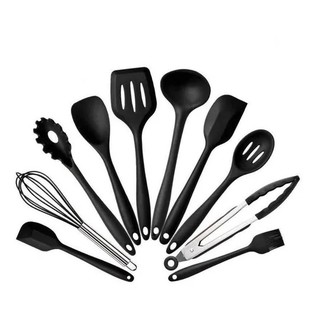 Jogo 10 Colheres De Silicone Cabo Inox Utensílios Cozinha (Preto)