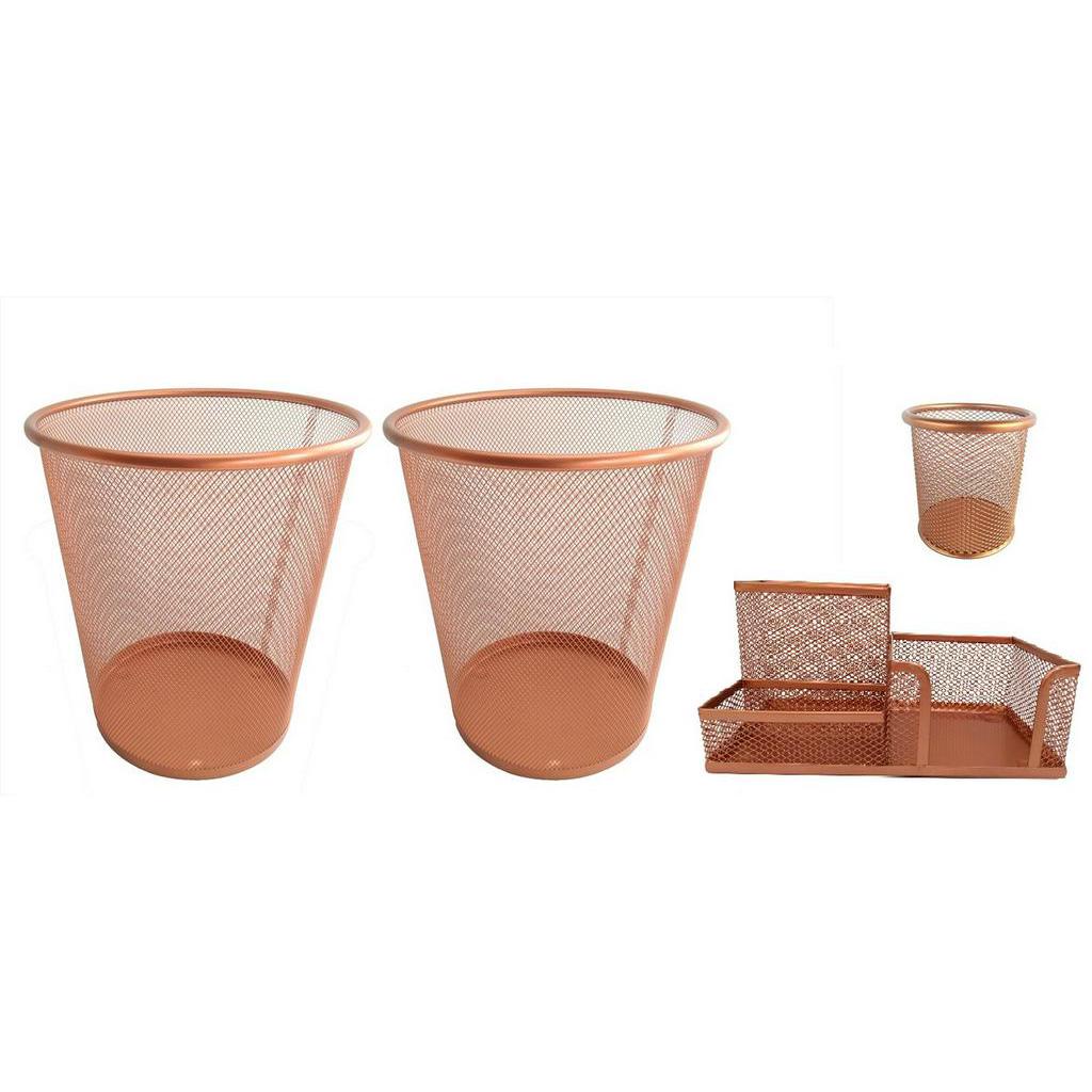 Kit Escritório 2 Lixeiras Aramada Rose Gold, Porta Caneta Lápis e Kit Organizador Mesa de 3 divisões