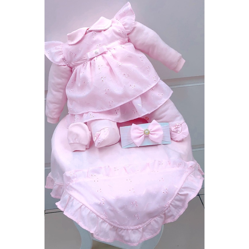 Kit Saída De Maternidade Menina Vestido 5 Peças Laise Rosa em Oferta na Shopee