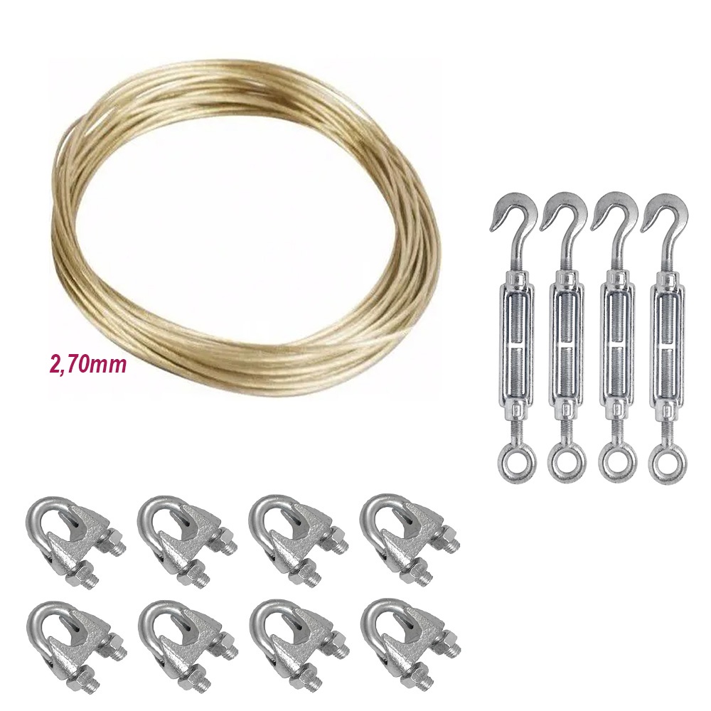 20m Cabo De Aço Revestido Pvc Cristal 2,70mm Varal e outras funções + 4 Esticador 3/16 + 8 Grampos 1/8 em Oferta na Shopee