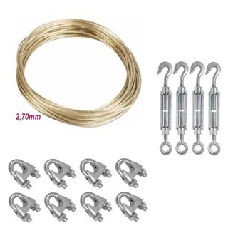 20m Cabo De Aço Revestido Pvc Cristal 2,70mm Varal e outras funções + 4 Esticador 3/16 + 8 Grampos 1/8 em Oferta na Shopee