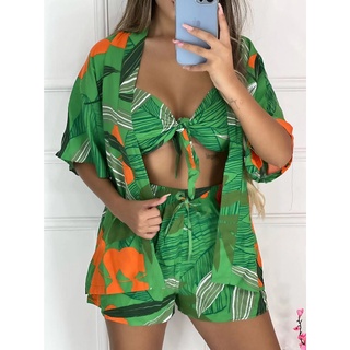 Conjunto Feminina (kimono+short+cropped) Estampas Florais . short com bolso,tecido DUNA , tamanho unico 38 ate 42