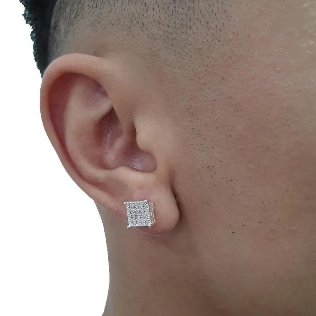 Brinco Masculino De Prata Quadrado C/ Pedras Brilhantes Banhado a Prata 925 Italiana Brinco Cravejado