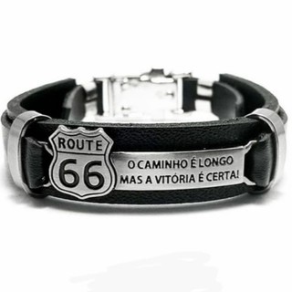 Pulseira Bracelete Ajustável Masculina em Couro Preto Rota 66 Pronta Entrega 2021