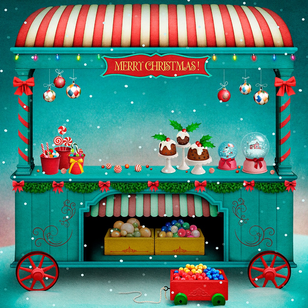 Fundo Fotográfico 1,50x1,50 mts em malha Sublimada Natal Carrinho de Docinhos Merry Christmas