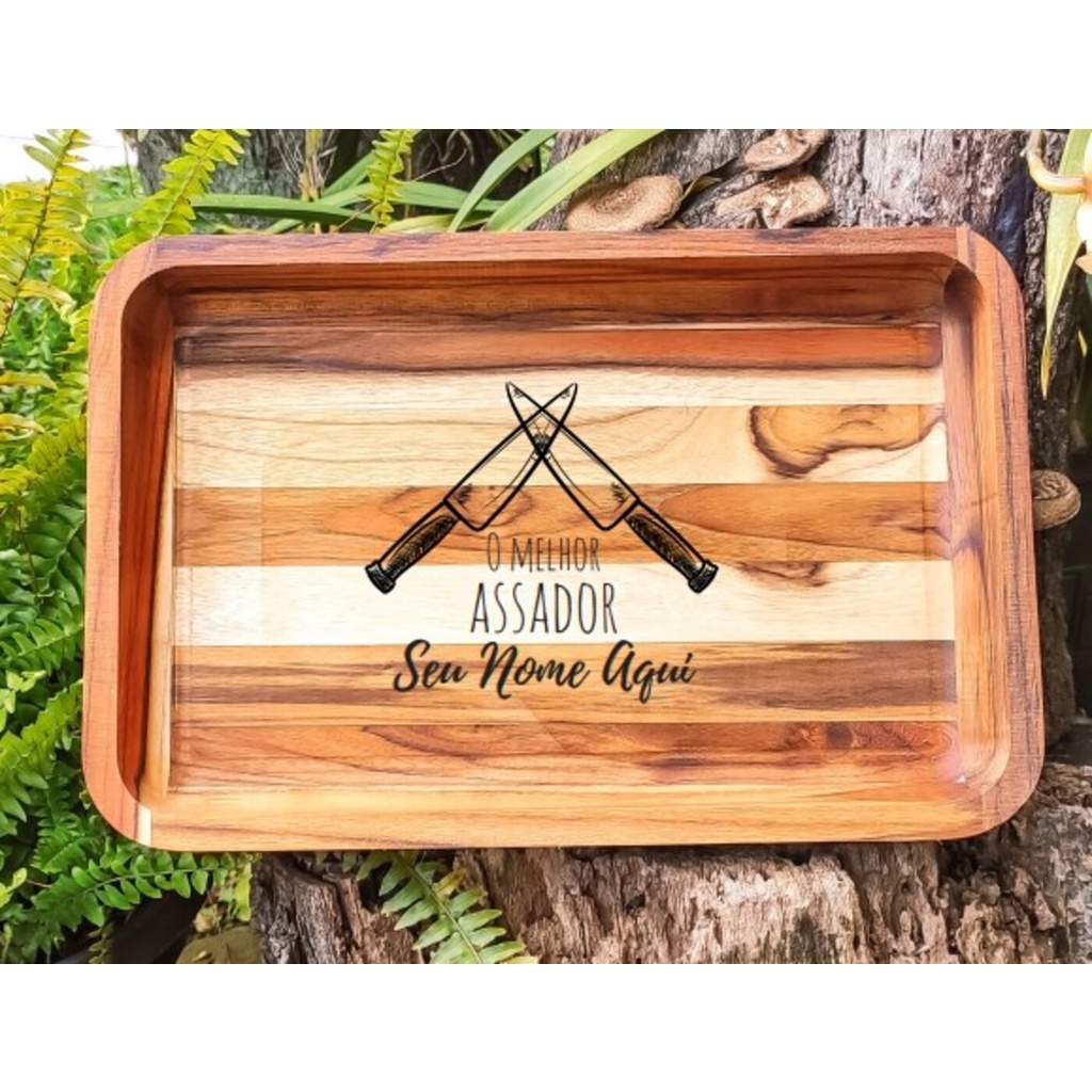 Gamela Teca Retangular 39,5x26cm Personalizada O Melhor Assador Facas