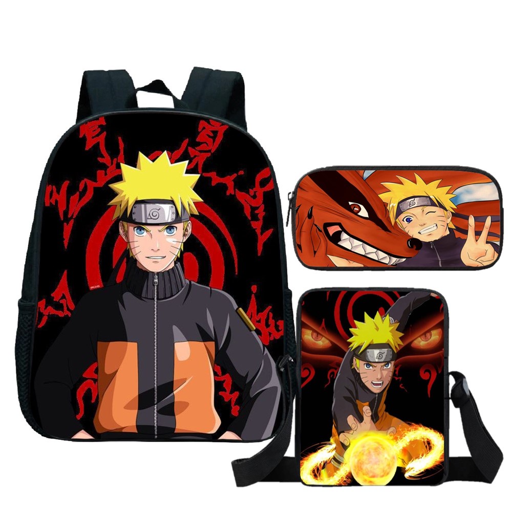 Kit Mochila Estojo Lancheira Naruto Anime Raposa