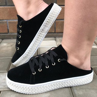 Tênis Feminino Mule Babuche Lona Aberto Sem Traseira Casual Confortável Leve Macio Blogueira