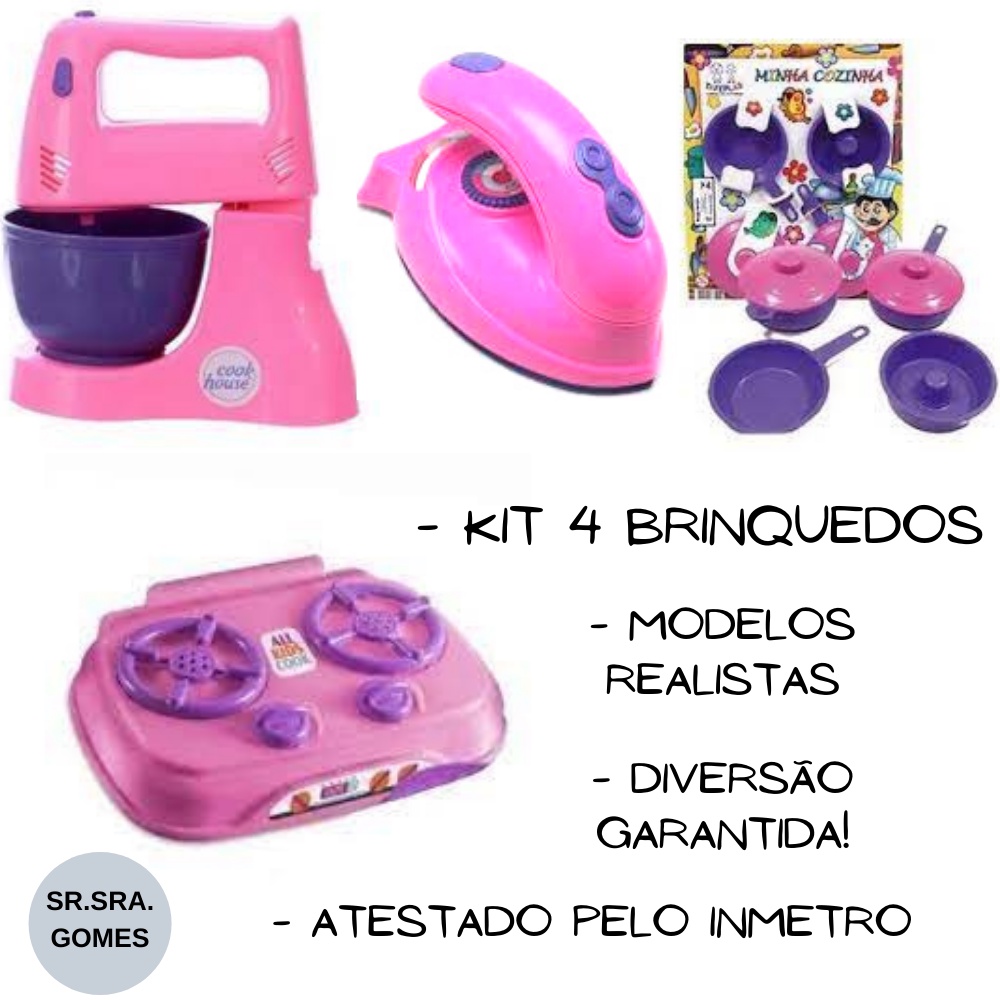 Kit Com 4 Brinquedos Super Divertidos Mini Fogão Mini Batedeira Mini Ferro De Passar E Jogo De Panelinhas Boa Qualidade