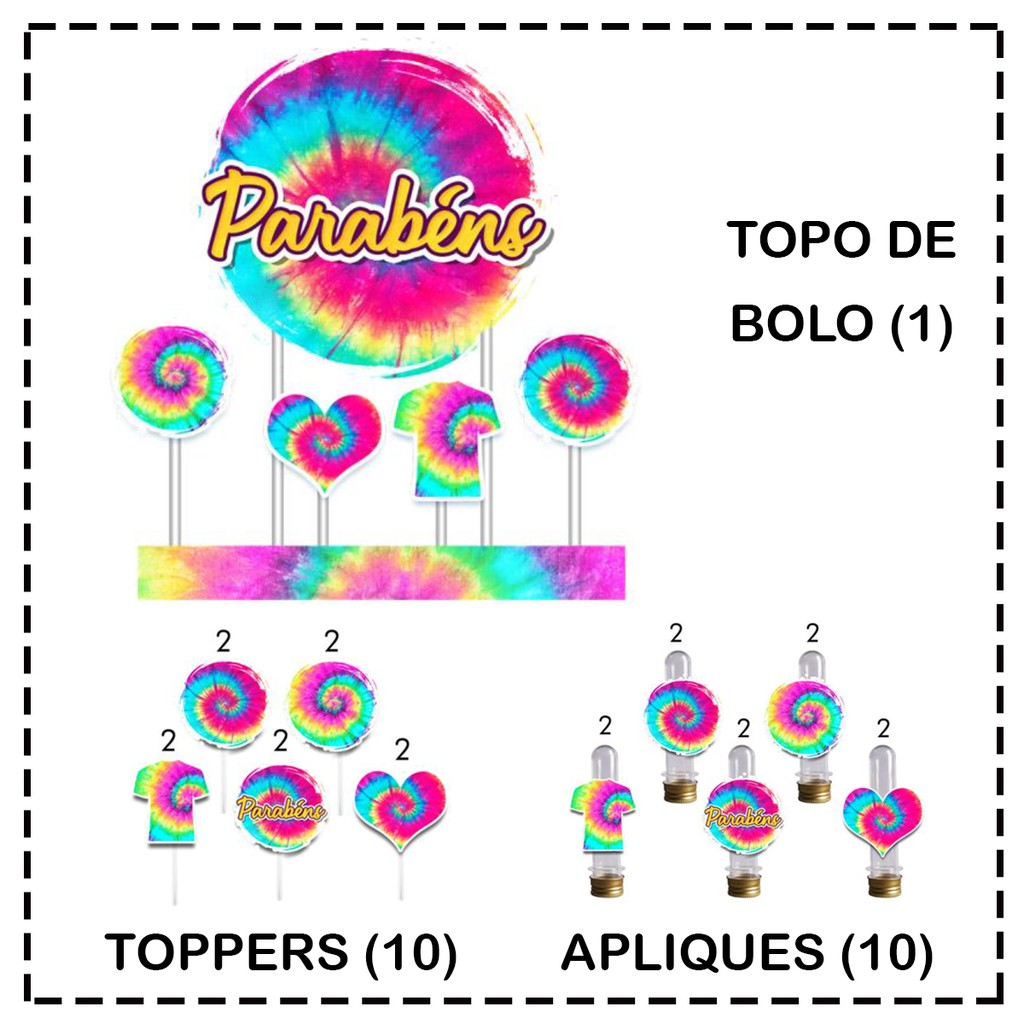 Topo De Bolo Tie Dye Toppers Para Doces Apliques Para Lembrancinhas